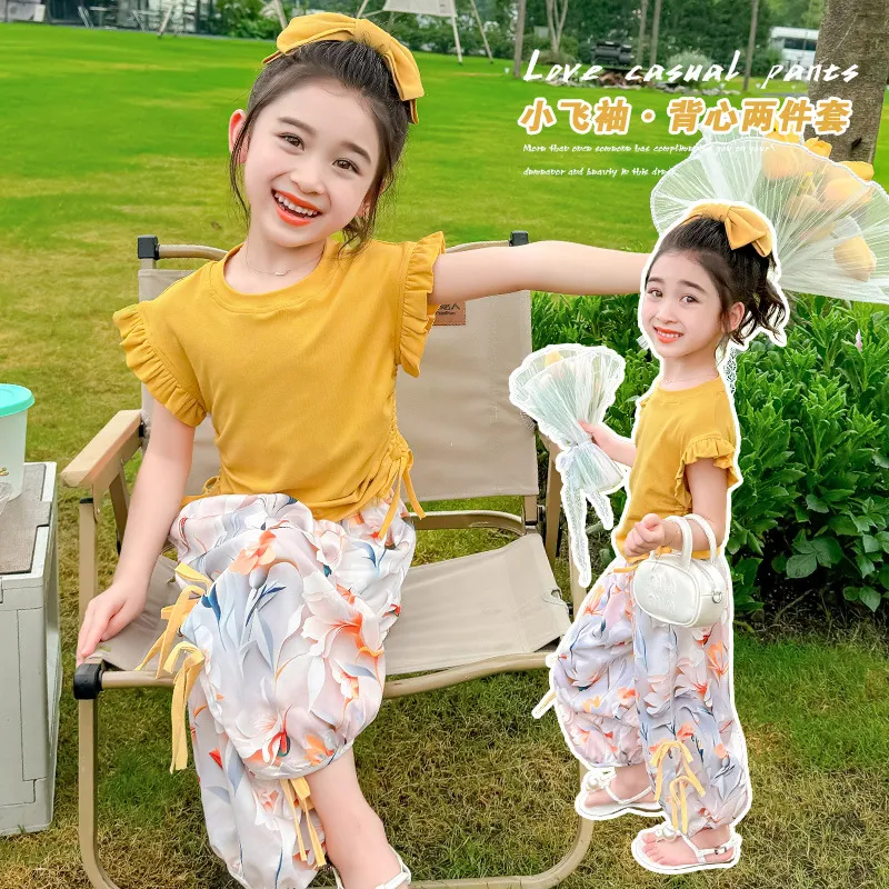 2024夏款女童飞袖短袖T恤韩版休闲套装碎花防蚊裤时髦薄款束腿裤