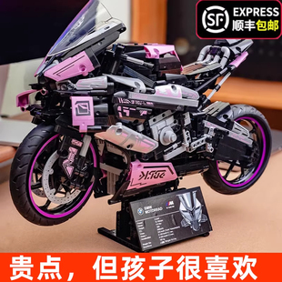 中国积木粉色宝马M1000RR摩托车积木拼装模型高难度男孩益智玩具