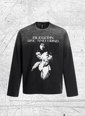 ENDLESS DESIRE美式复古vintage做旧人像洗华夫格长袖破坏宽松T恤