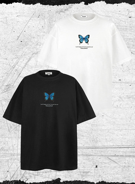 ENDLESS DESIRE 250克重磅纯棉美式潮牌蝴蝶印花短袖T恤男女宽松