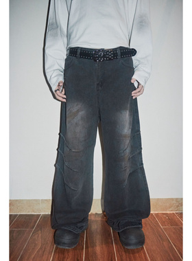 ENDLESS DESIRE 废土锈渍褶皱牛仔裤 宽松版型 做旧擦脏