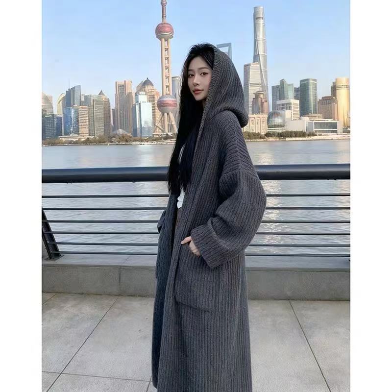 秋冬新款休闲宽松显瘦小众百搭简约长款开衫连帽毛衣K#4
