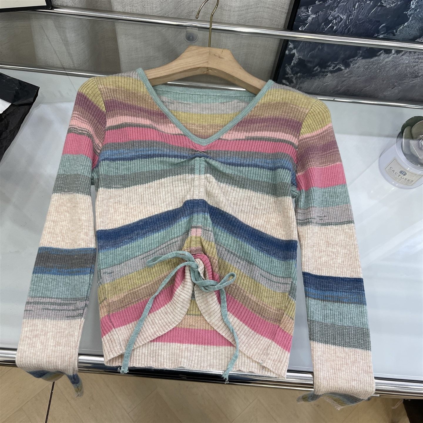 2025年秋冬季新款时尚女装潮流韩版V领条纹针织衫 L#2