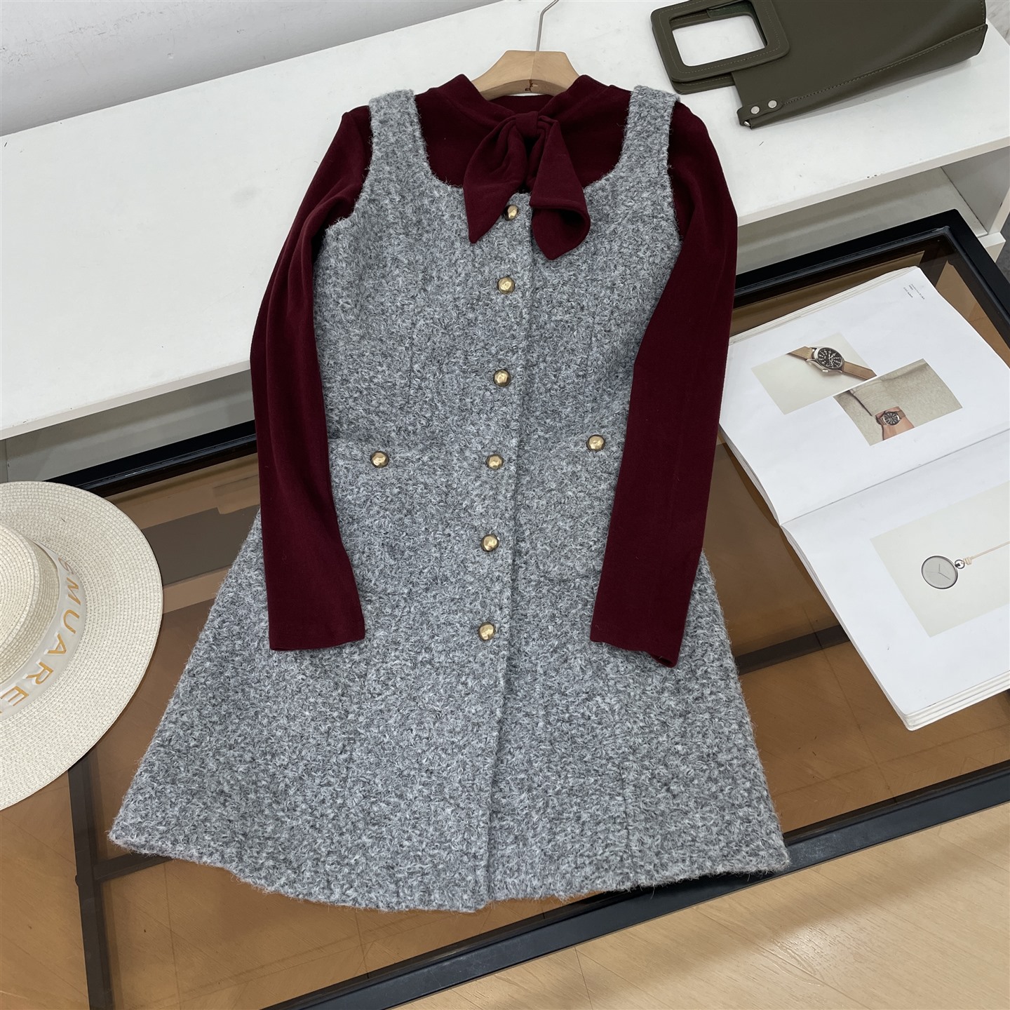 两件套连衣裙时尚新款高腰秋季纯色内搭长袖圆领T恤J#24