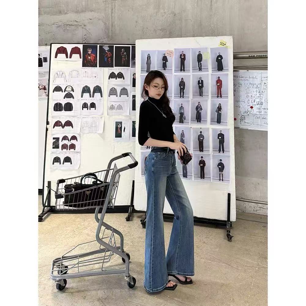 牛仔裤纯色时尚新款百搭秋季高腰微喇小众长裤女 J#3