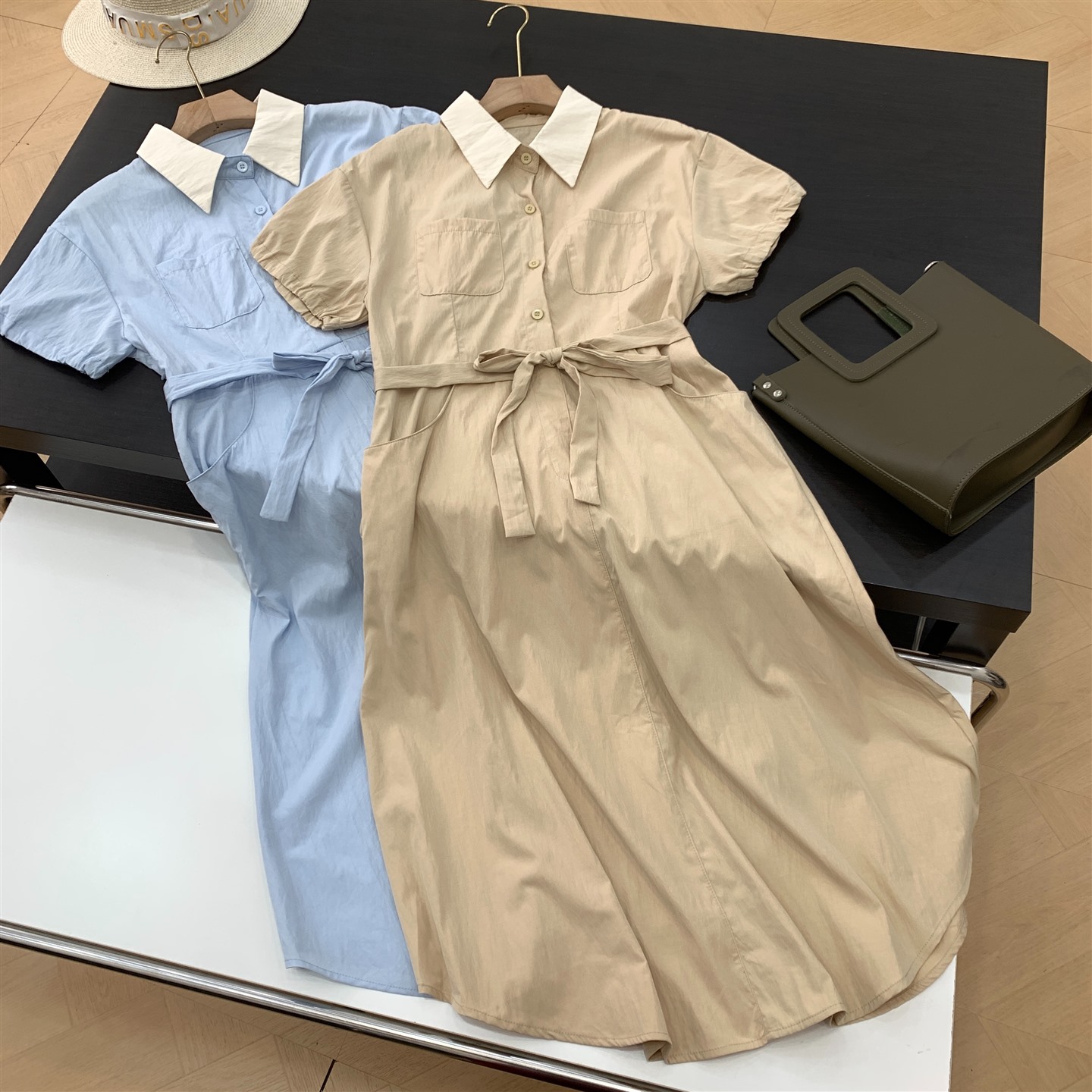 2025年夏季新款单排扣连衣裙休闲宽松修腰显瘦纯色裙子J#3