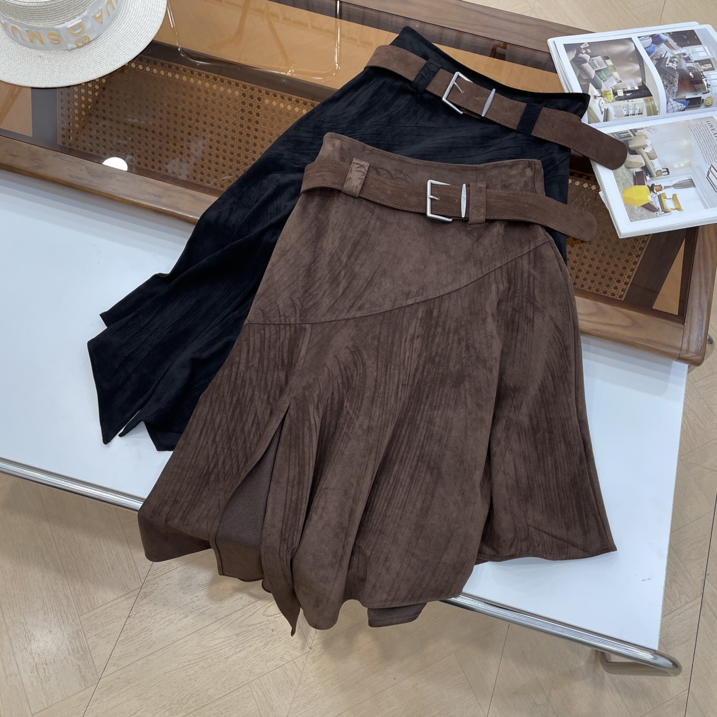 【霞】法式不规则绒面半身裙秋冬新款高腰褶皱宽松A字半身裙L#16