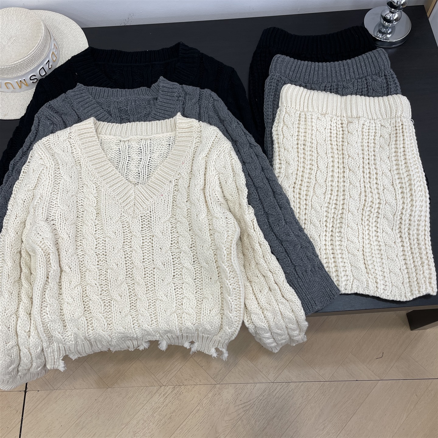 【霞】毛衣套装宽松纯色长袖保暖上衣中长款直筒高腰半身裙 l# 2