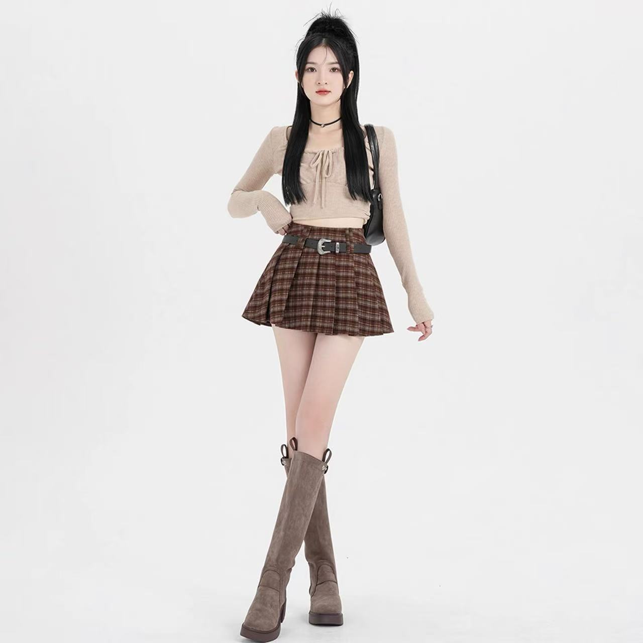 半身裙休闲A字百褶时尚新款2025休闲格子短裙女 J#3