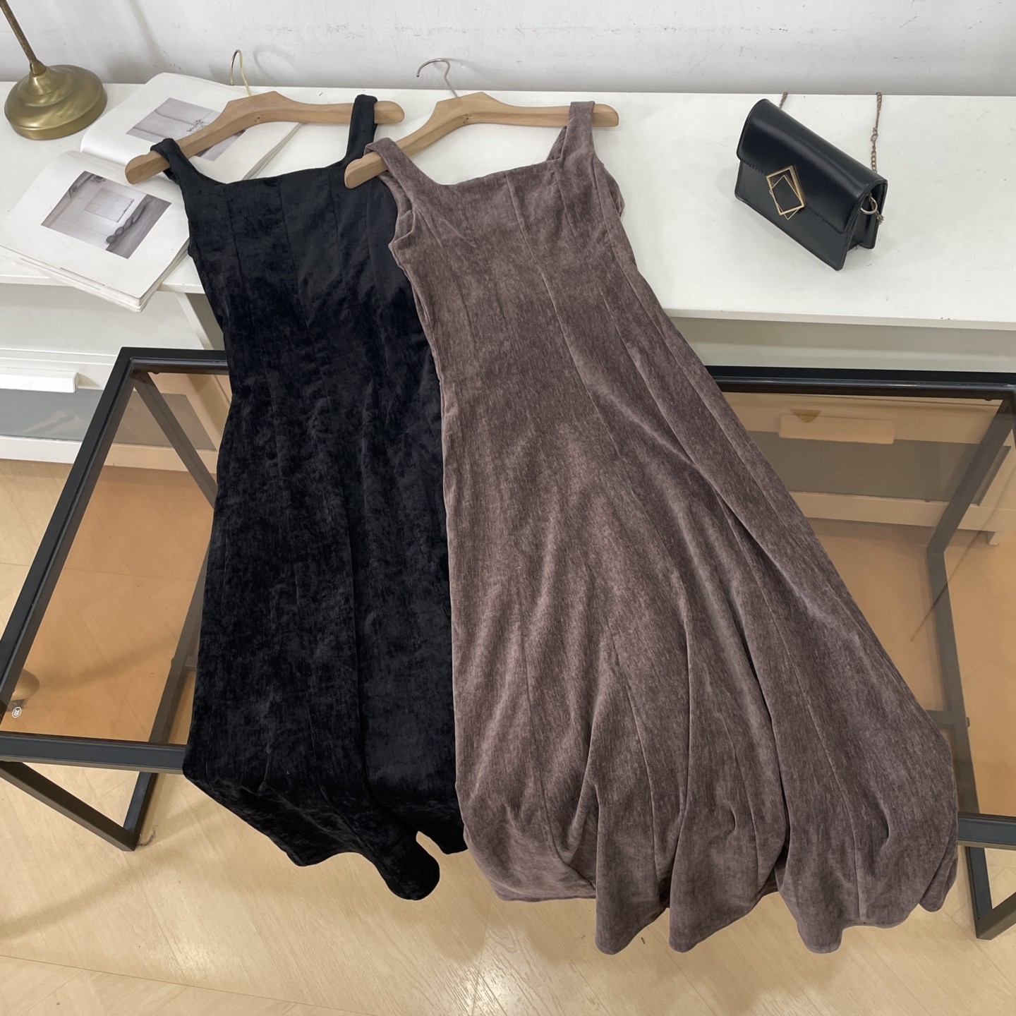 黑色吊带连衣裙方领无袖礼服大摆裙收腰赫本风小黑裙子L#9