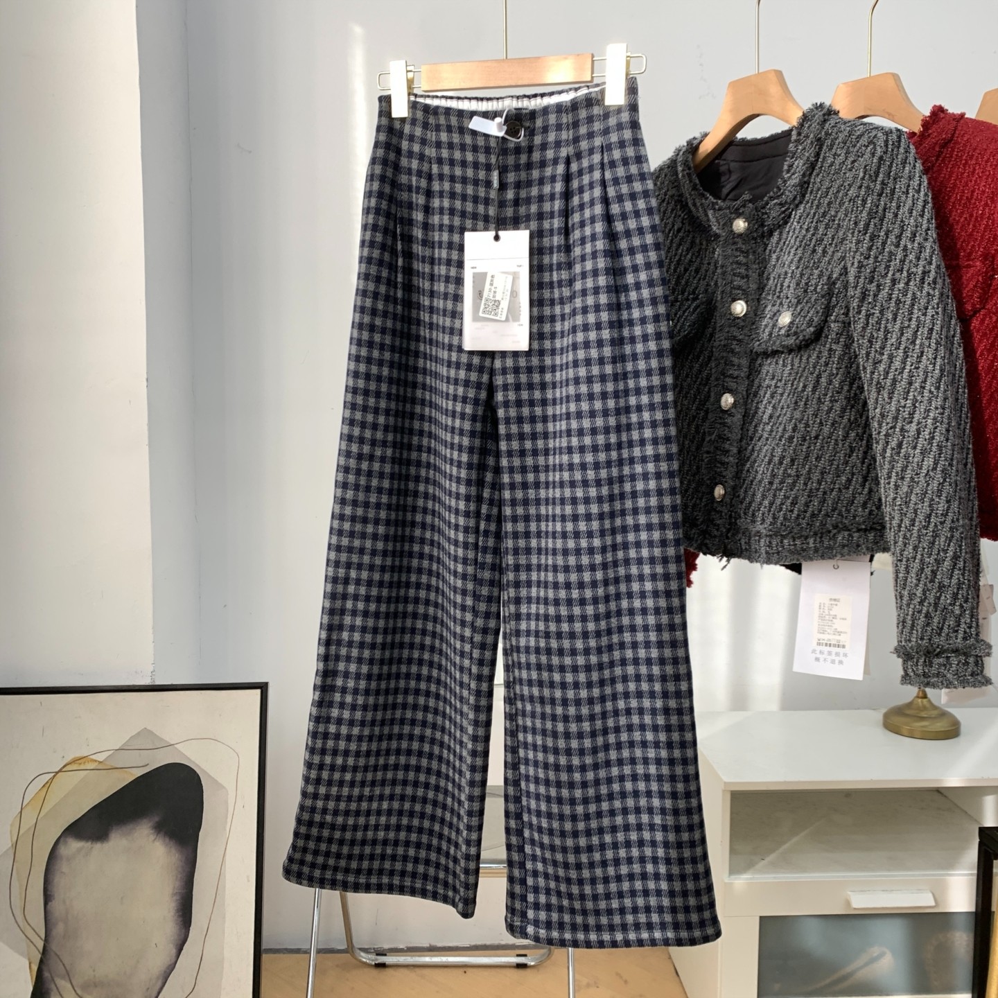 加绒休闲裤女秋冬新款设计感格子宽松显瘦松紧腰阔腿裤K#8