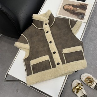 韩系拼接仿羊羔毛马甲女春季 宽松外套上衣 时尚 新款