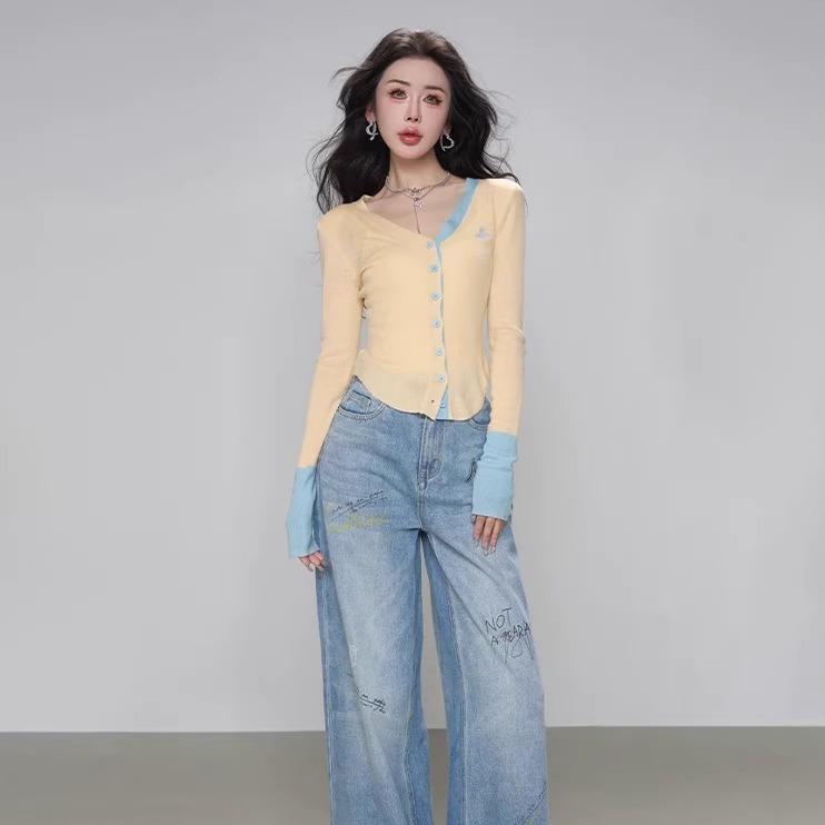 针织衫秋季拼色外套小众保暖秋季开衫通勤女 I#28