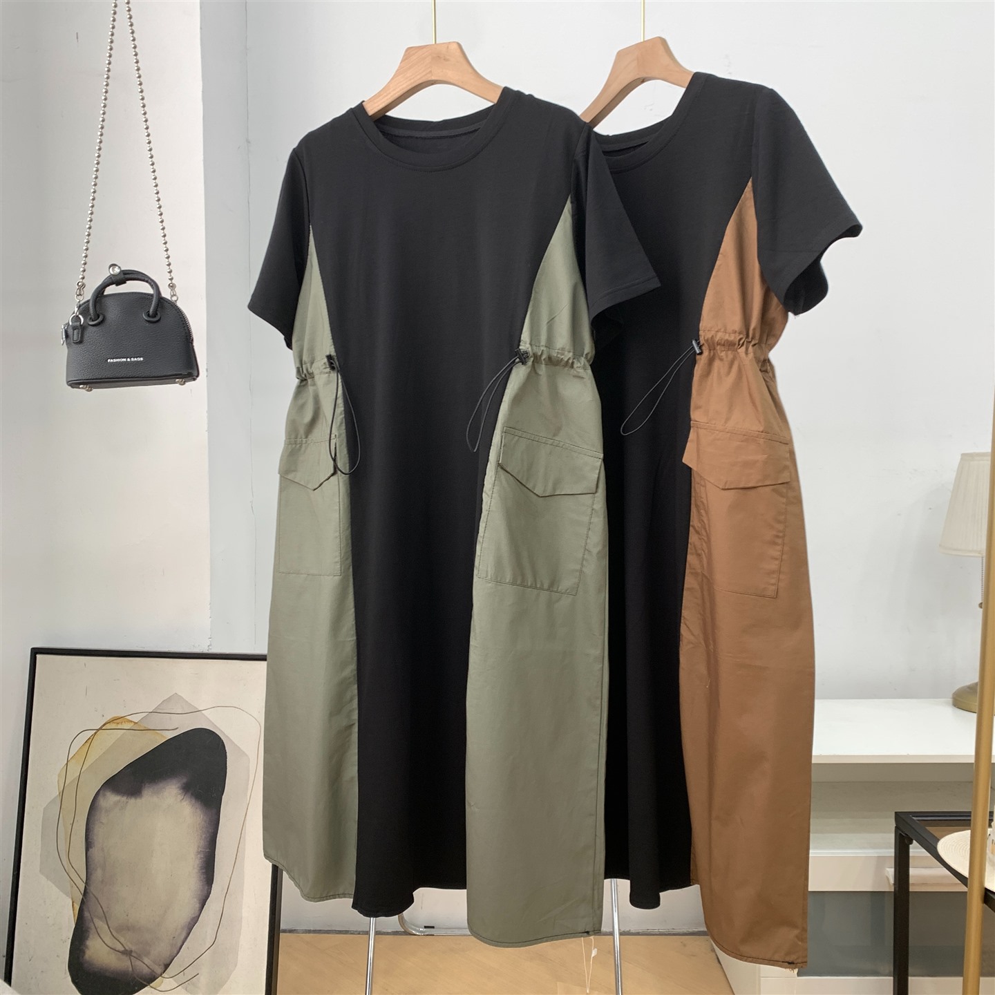 2025年夏季新款裙子撞色拼接宽松显瘦短袖连衣裙J#3