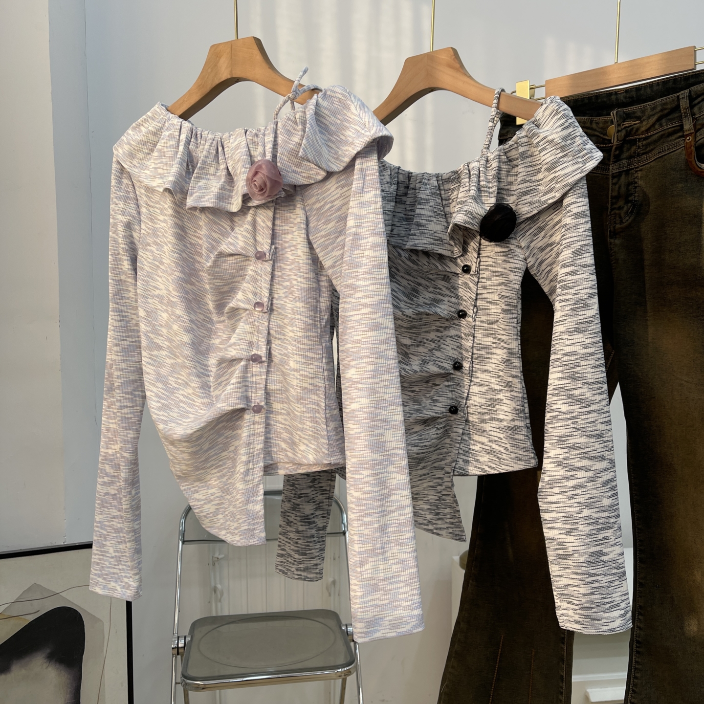 衬衫一字领显瘦直筒小众长袖冬季时尚新款上衣女 K#21