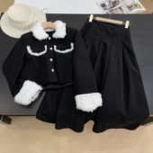 时尚 外套 宽松气质套装 高腰显瘦半身裙K 女毛毛拼接长袖