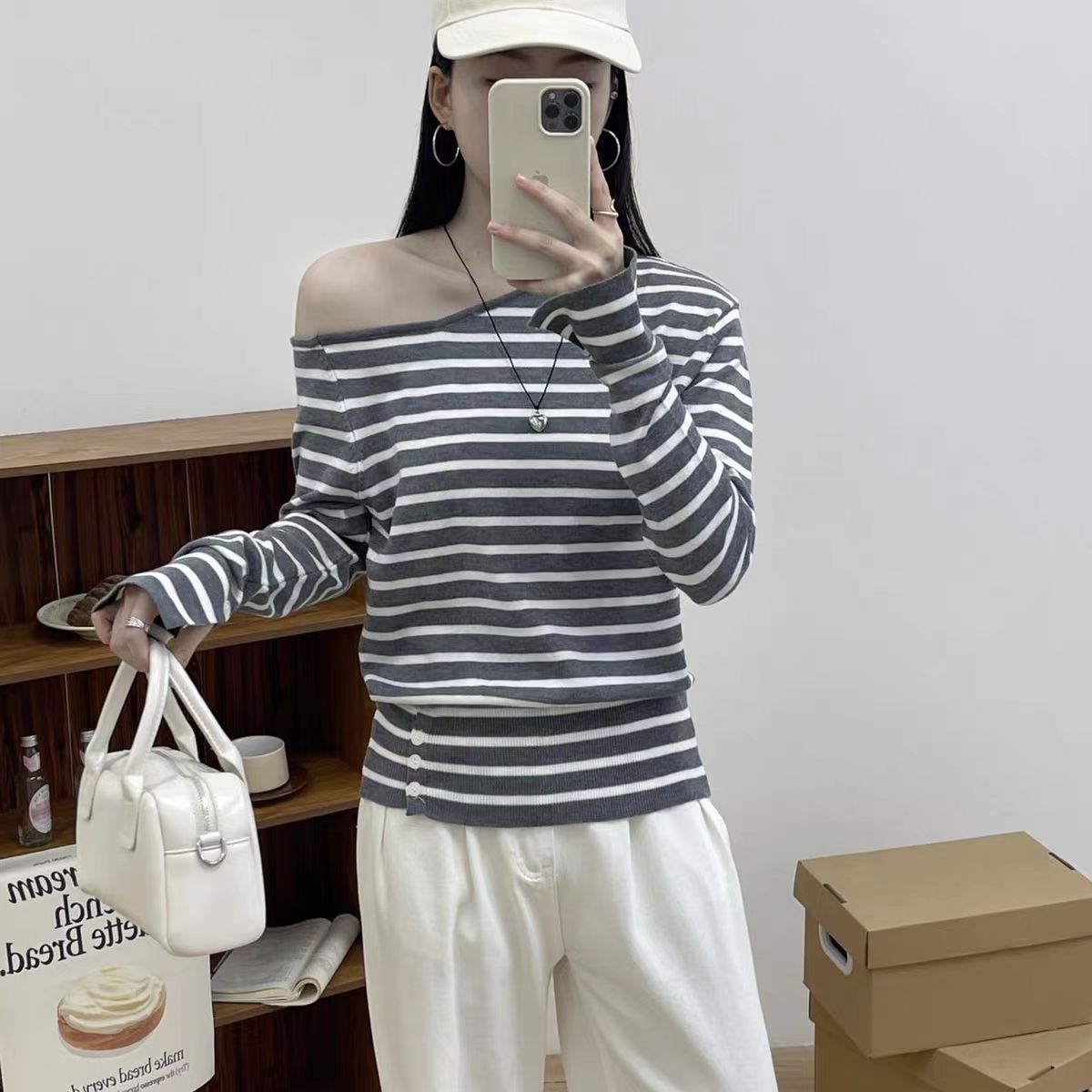 6羊毛条纹针织衫上衣女斜肩设计感长袖打底上衣I#7