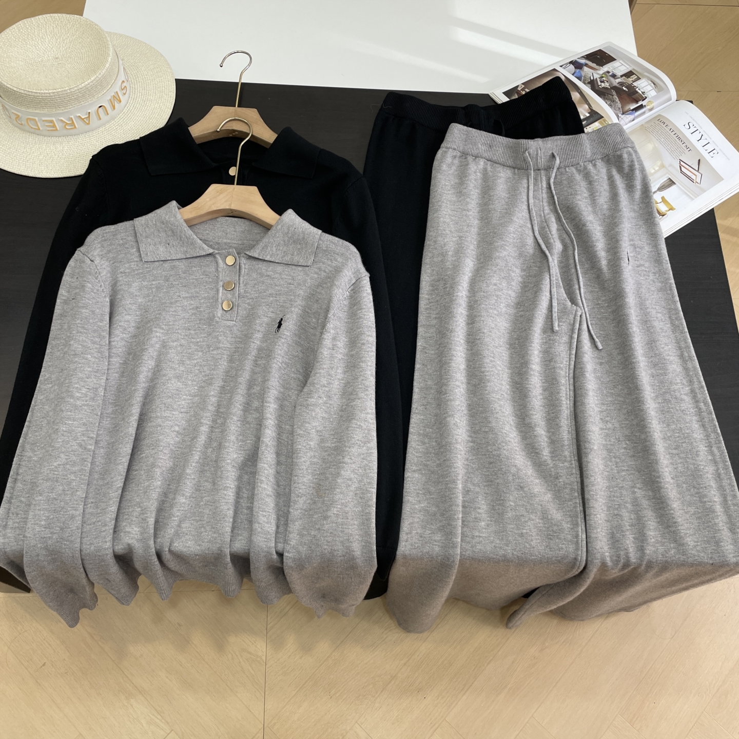 套装秋季新款高腰显瘦阔腿裤+针织百搭翻领长袖上衣J#28