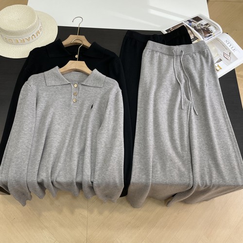 套装秋季新款高腰显瘦阔腿裤+针织百搭翻领长袖上衣J#28