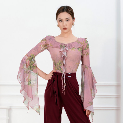 歌瑞亚标准摩登舞服女成人圆领花边袖飘中袖连裆上衣训练表演服