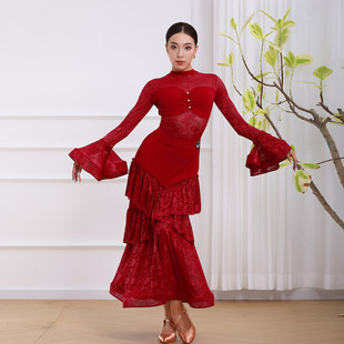 歌瑞亚拉丁舞女摩登小高领蕾丝袖 鱼骨大摆裙艺考表演服