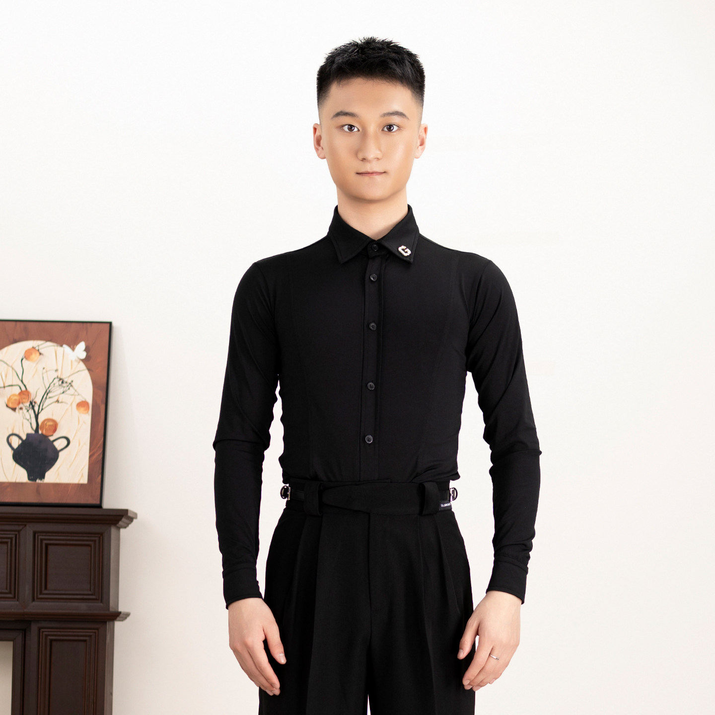 歌瑞亚标准舞摩登舞服男士舞蹈服长袖系扣衬衫上衣国标舞练功服