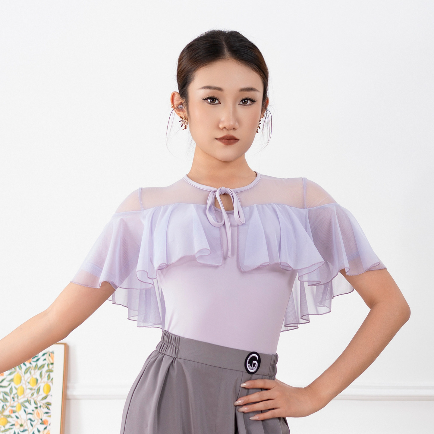 歌瑞亚标准摩登舞服女成人圆领花边袖飘短袖连裆上衣训练表演服