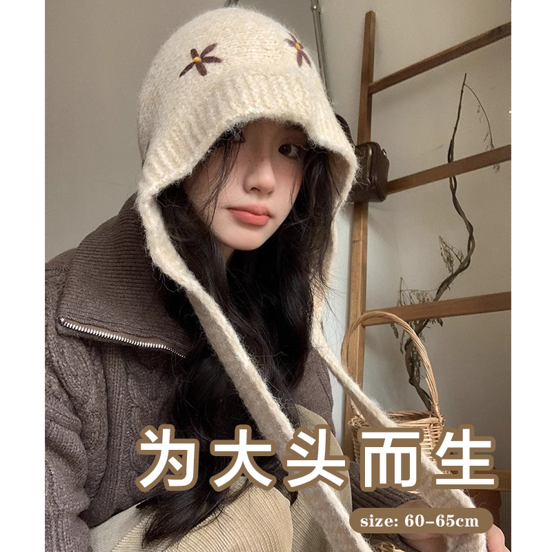 大头围巴拉克拉法帽女秋冬围巾一体毛绒防风护耳针织毛线帽大码