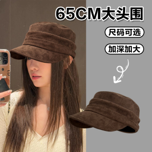 松弛中古风平顶马术帽大头围麂皮绒复古褶皱美拉德大码 鸭舌报童帽