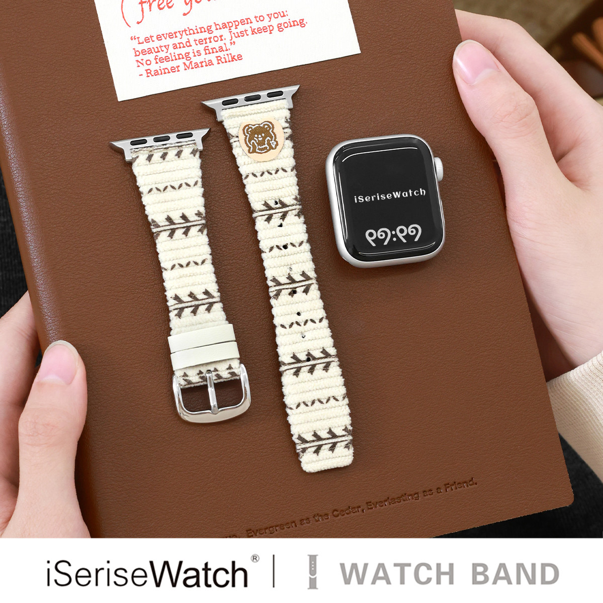 iserisewatch适用iWatchs11代表带苹果手表s10灯芯绒透气applewatch12秋冬女款SE卡通小熊41mm皮质Ultra可爱
