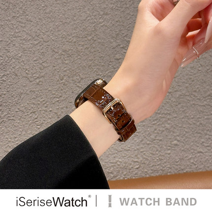 iserisewatch适用于apple watchs11表带竹节纹亮面皮质se复古高级苹果手表s10表带iwatch 7/6酒红色秋冬女款