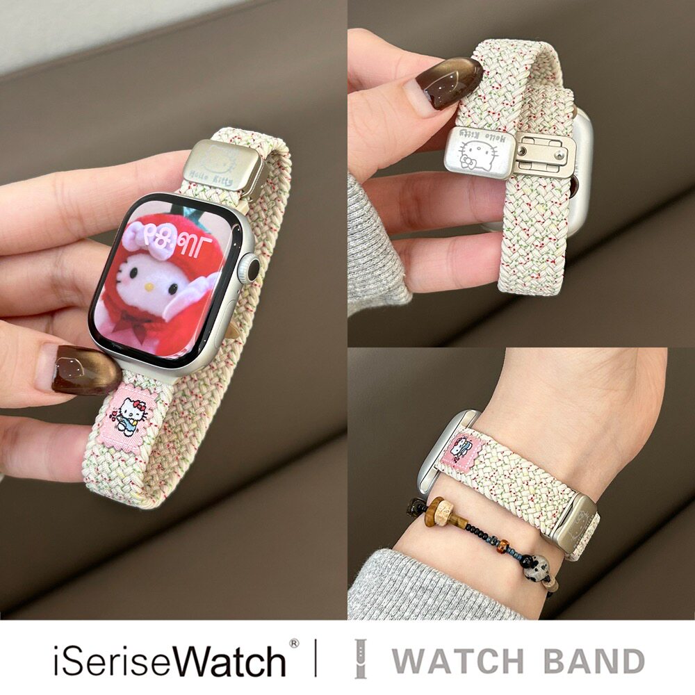 iserisewatch适用applewatch11苹果手表s10尼龙编织透气applewatch9夏天女s8运动SE可爱KT猫41mm磁吸弹力s6/7