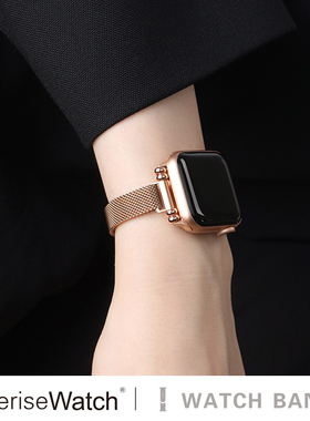 iserisewatch适用iwatchs11表带applewatchs10/9代米兰尼斯苹果手表8代链条s7se金属41/45mm夏天透气细不锈钢