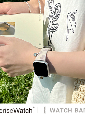 iserisewatch适用iWatchs11表带苹果手表s10夏天女款applewatch8真皮透气s67可爱印花SEUltra简约41mm45原创