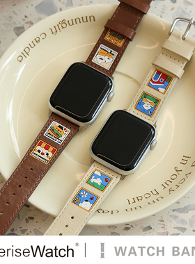 【原创设计】iserisewatch适用iwatchs10表带applewatch11手表苹果s8真皮女款SE可爱小狗插画s7代复古皮质夏