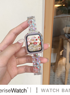 iserisewatch适用applewatch10表带iwatch11苹果手表se夏透气高级创意PVC表带镭射冰川透明新款保护壳4541mm