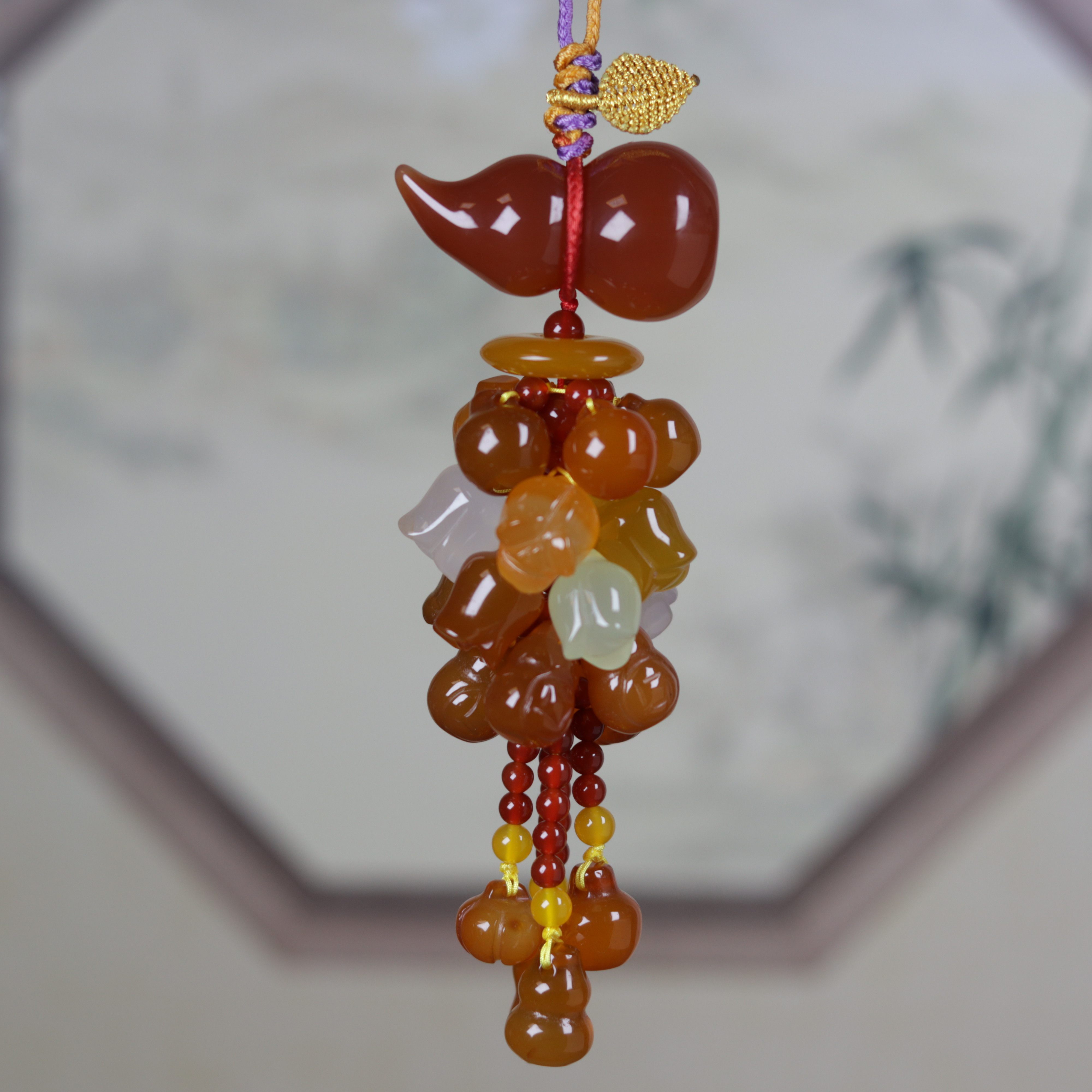 梵彩原创汽车挂件玛瑙玉石葫芦车内后视镜挂饰风铃花一鹿平安吊坠