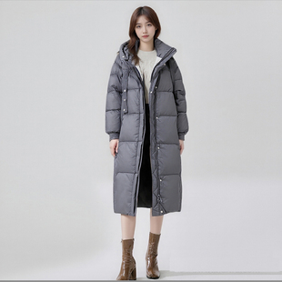 高定设计轻奢白鸭绒中长羽绒服女连帽加厚冬季外套灰色商场同款