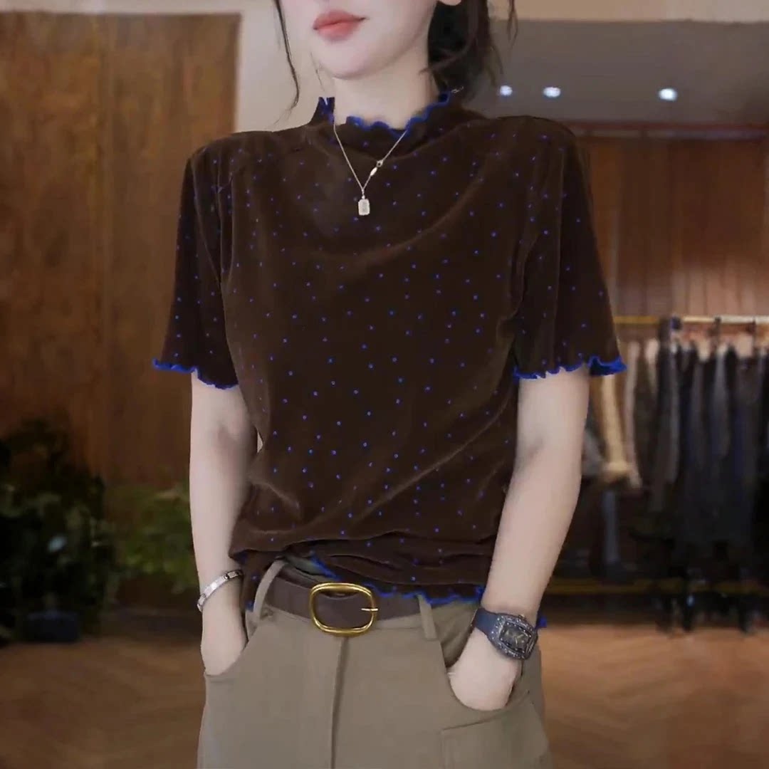 设计感波点中袖t恤女装2026早秋时尚百搭显瘦减龄木耳边内搭上衣