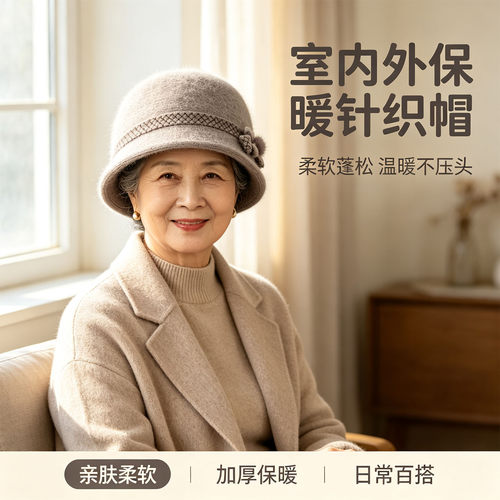 秋冬加绒保暖针织渔夫帽中老年帽