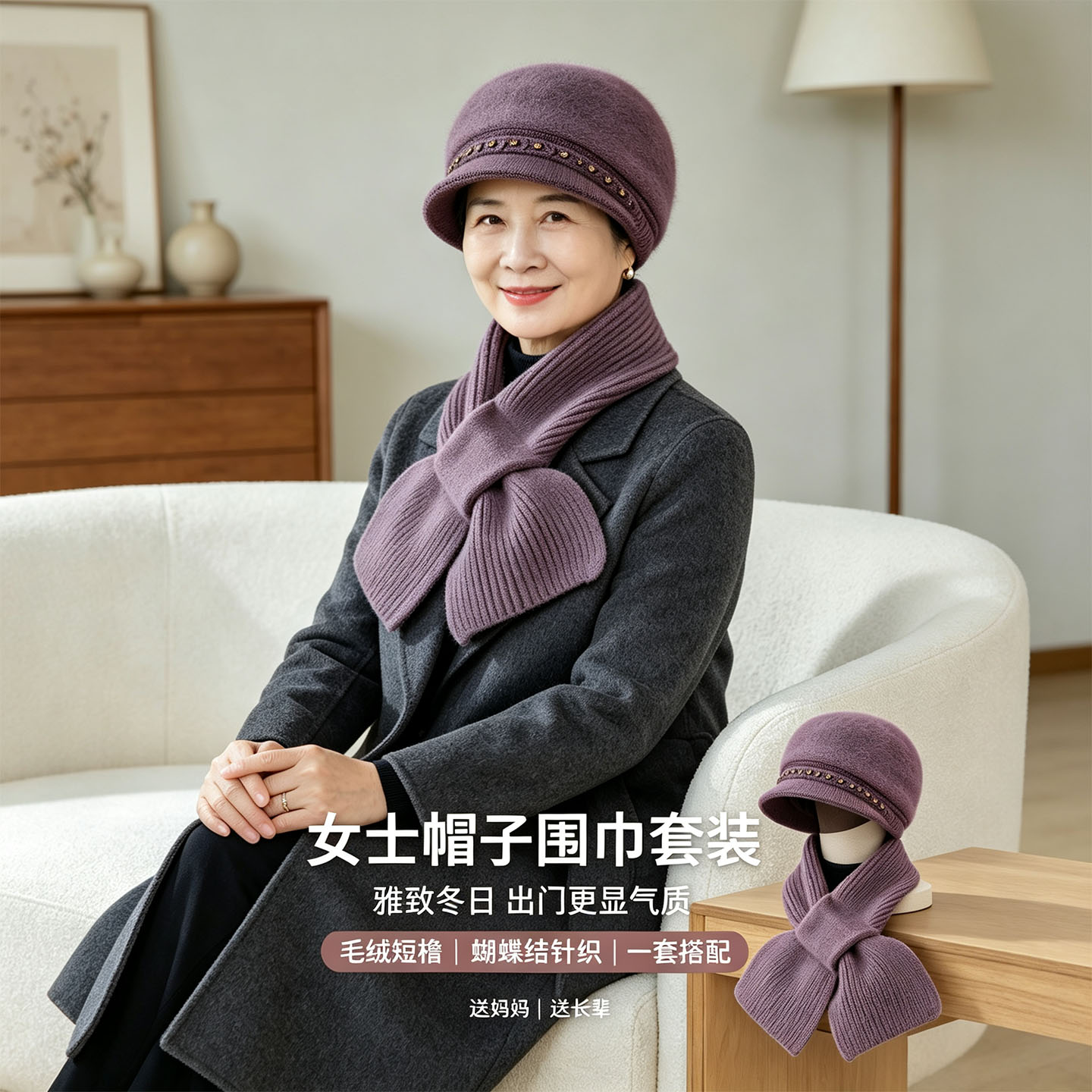 中老年帽子围巾套装女冬季毛绒针织短檐帽妈妈保暖两件套防寒套装