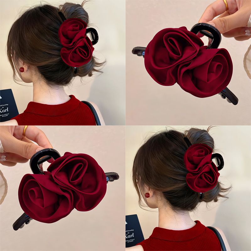 【设计师原创】酒红色玫瑰花抓夹