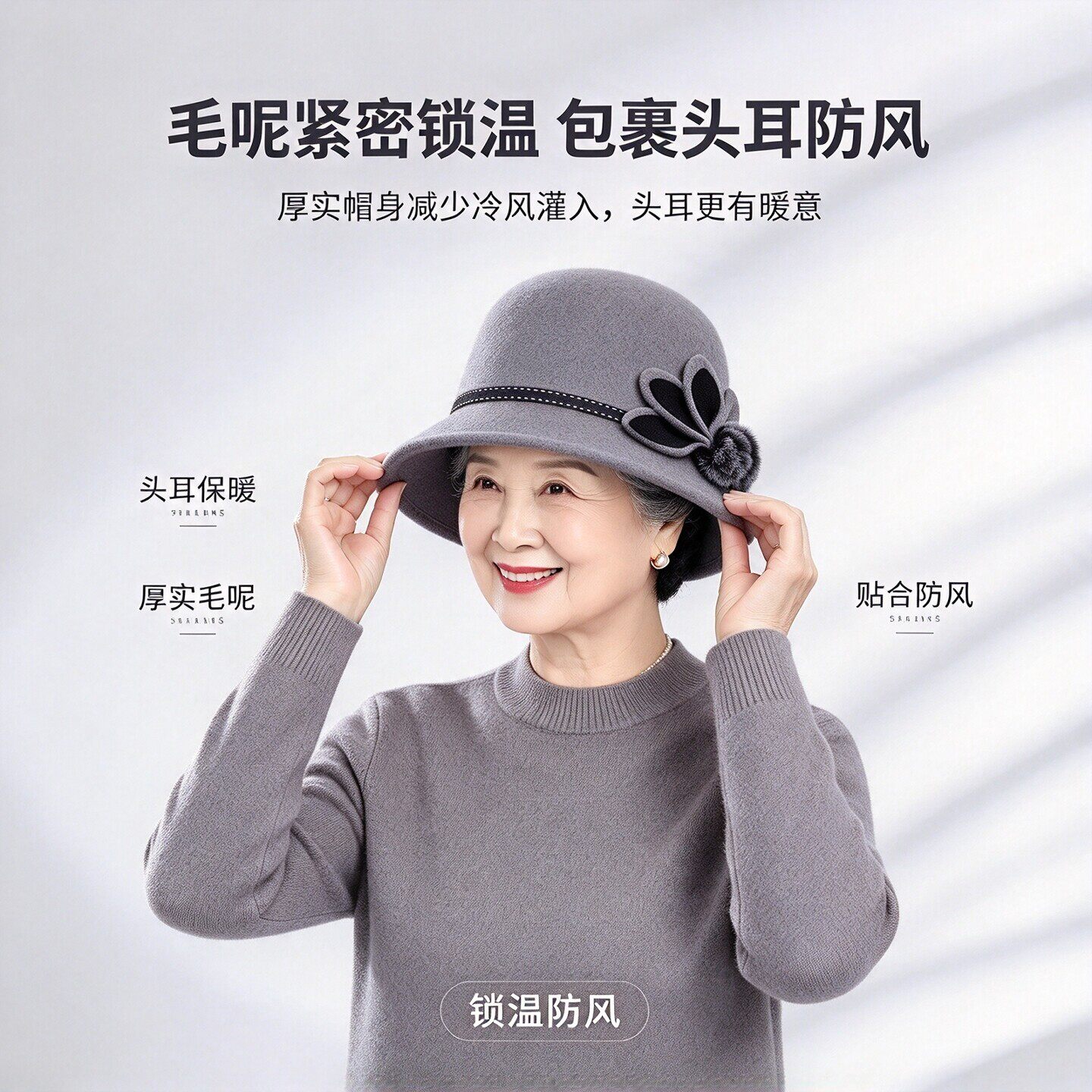 中老年女灰色毛呢礼帽秋冬护耳保暖盆帽妈妈日常百搭防寒帽子新款