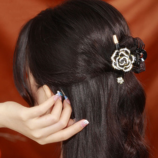 黑色山茶花 后脑勺半扎发小号鲨鱼夹AB面发夹头饰 高级感抓夹女款