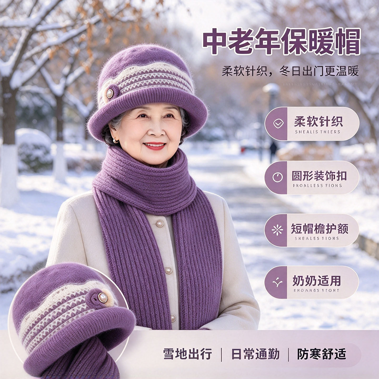 中老年帽子女秋冬针织毛线帽子围脖两件套妈妈保暖套装奶奶防寒帽