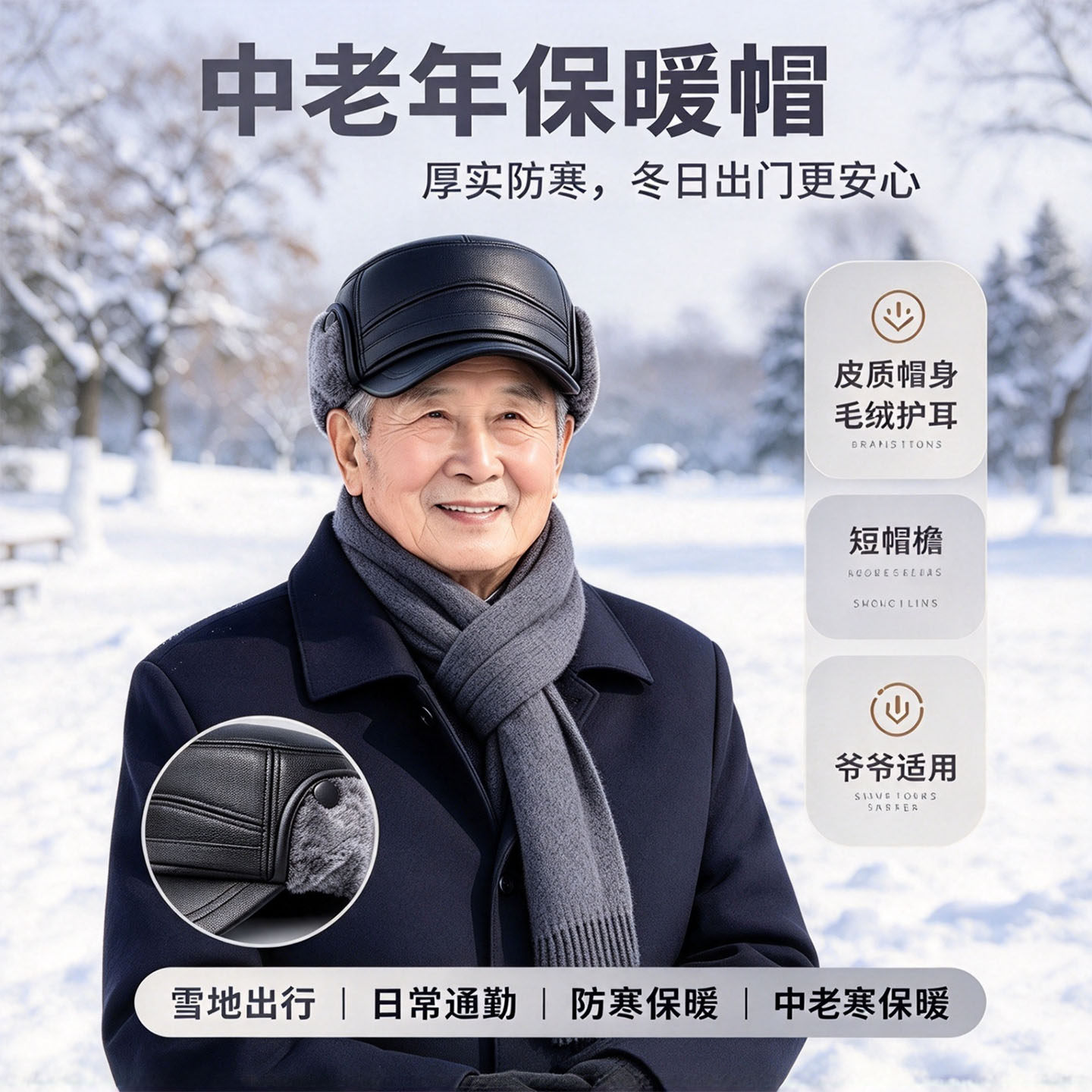 中老年皮帽护耳帽子冬季加绒加厚平顶帽爸爸户外防风防寒保暖棉帽