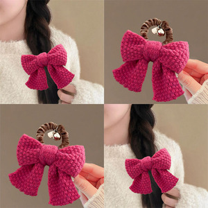 浪漫情调~新年玫红色蝴蝶结大号发圈高颜值显白发绳秋冬新款毛线
