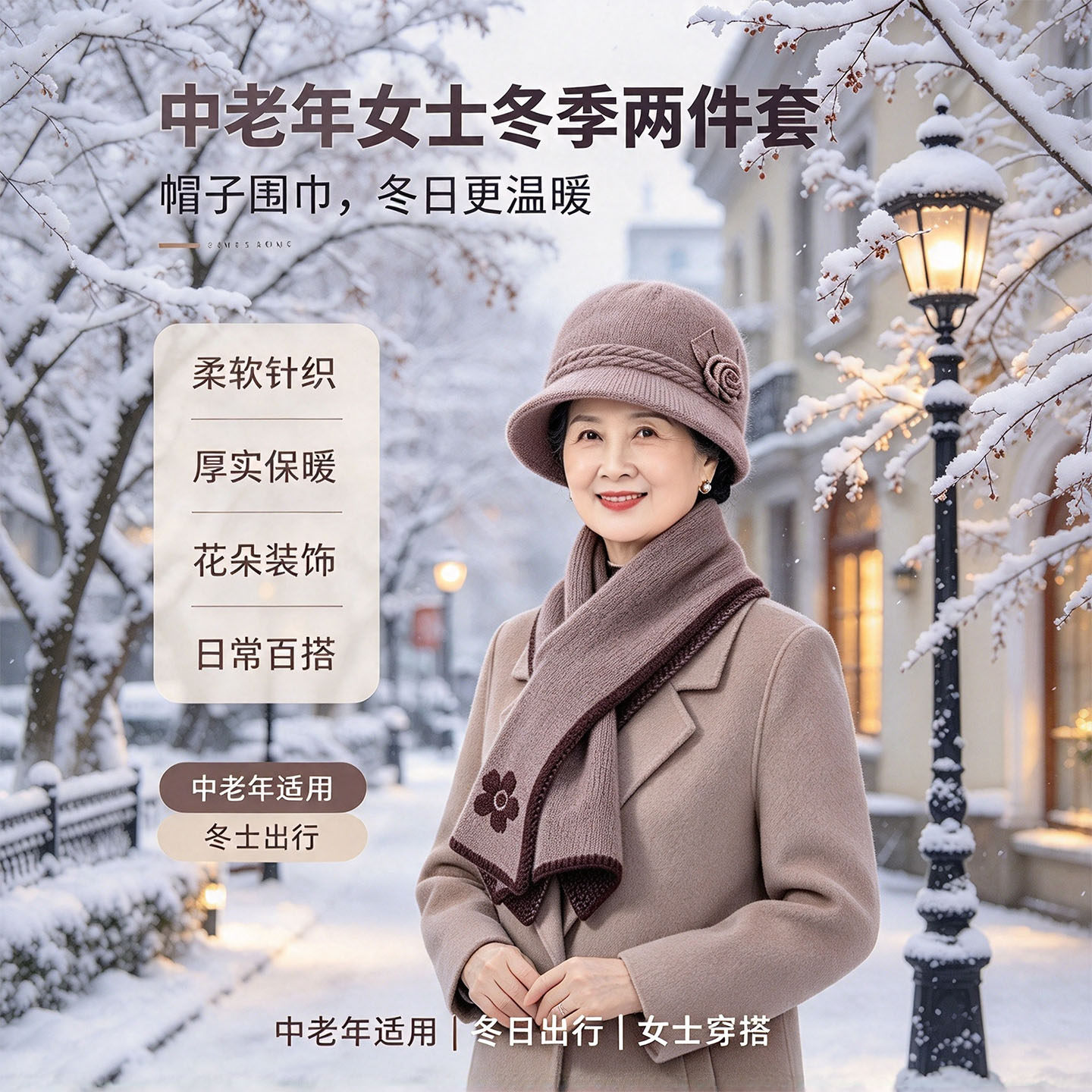 送妈妈中老年帽子围巾两件套秋冬短檐针织盆帽护脸防寒毛线帽套装