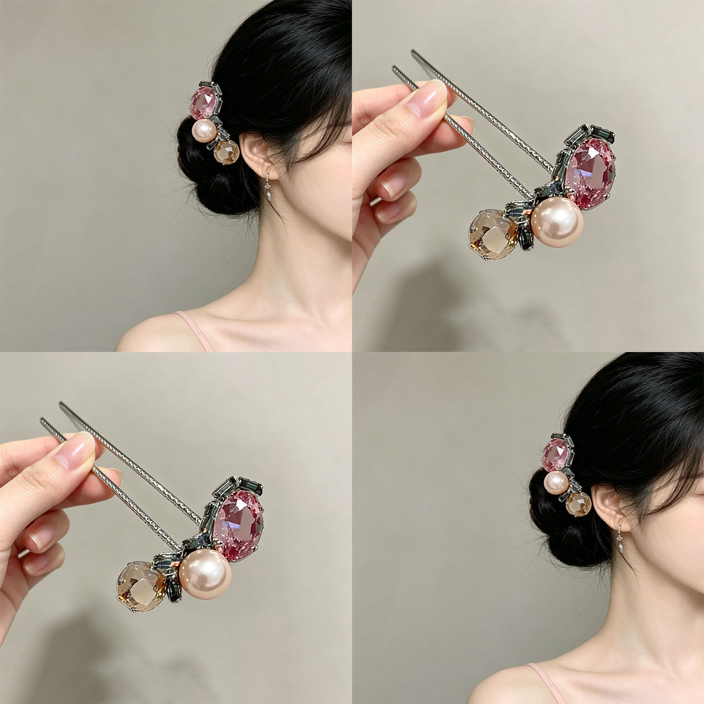 琉光晶珠！闪钻珍珠几何U型发簪！冷调金属风新中式日常盘发簪子