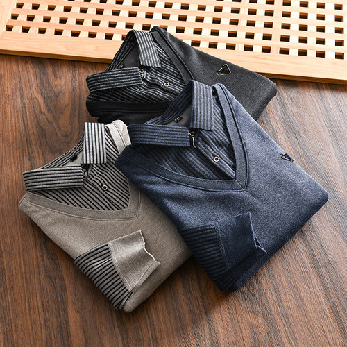 加绒加厚假两件衬衫领针织衫毛衣